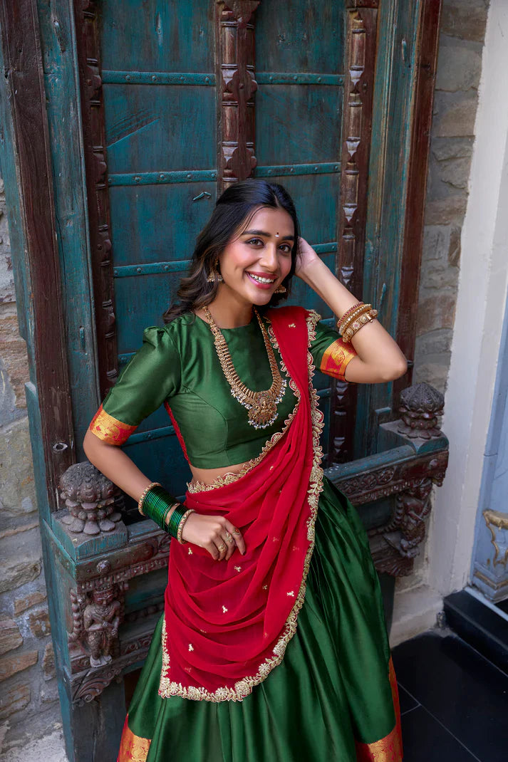 NARAYAN PATTU LEHENGA CHOLI WITH GEORGETTE EMBROIDERED DUPATTA(WD97)(01)