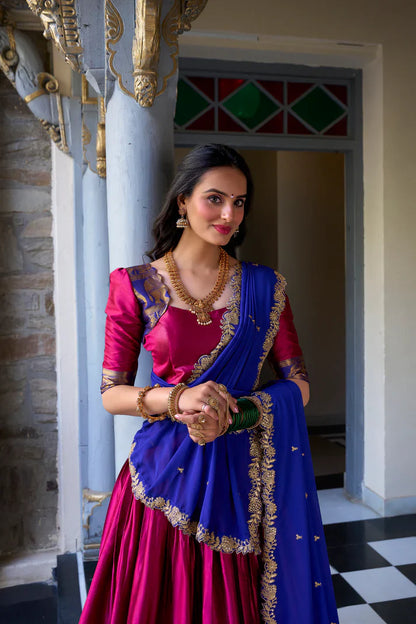 NARAYAN PATTU LEHENGA CHOLI WITH GEORGETTE EMBROIDERED DUPATTA(WD97)(02)