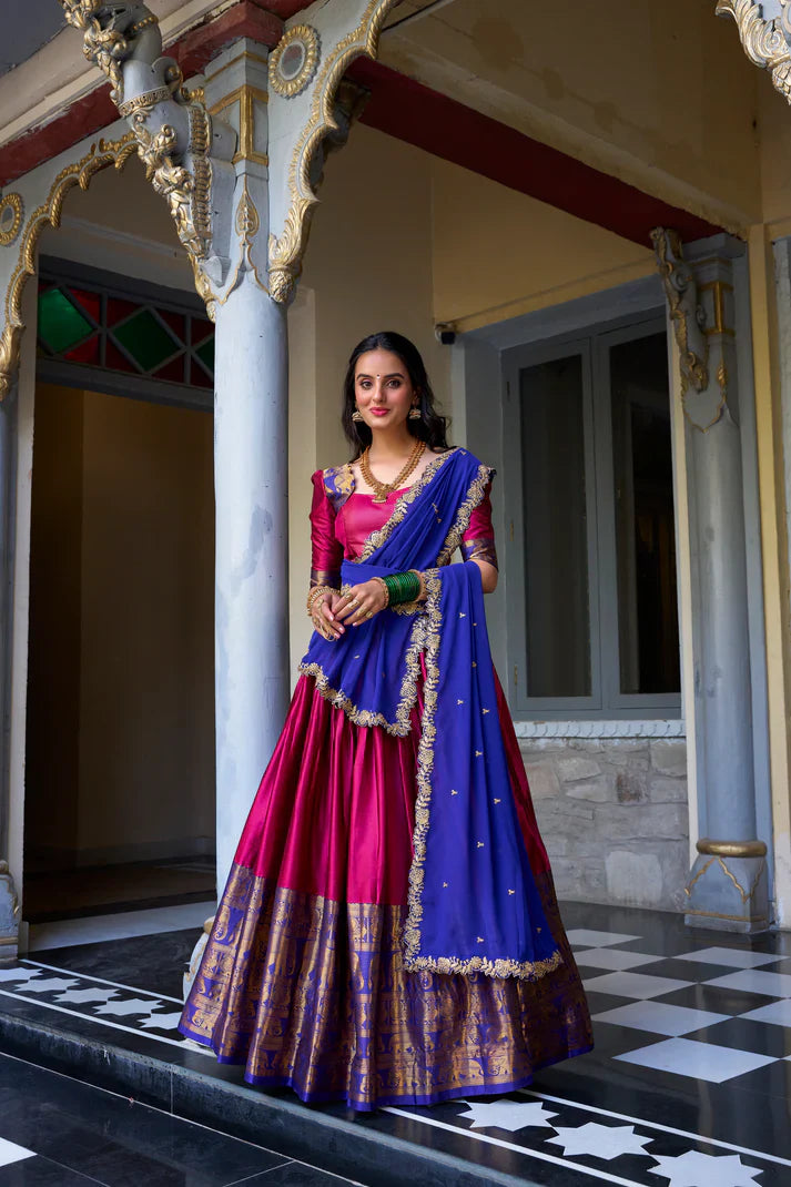 NARAYAN PATTU LEHENGA CHOLI WITH GEORGETTE EMBROIDERED DUPATTA(WD97)(02)