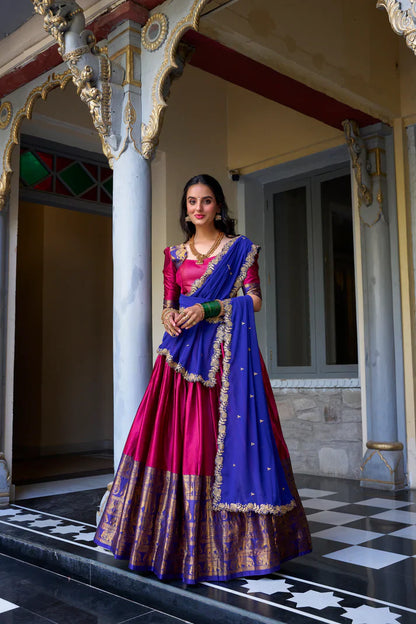NARAYAN PATTU LEHENGA CHOLI WITH GEORGETTE EMBROIDERED DUPATTA(WD97)(02)
