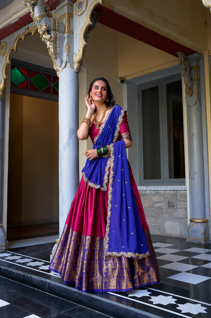 NARAYAN PATTU LEHENGA CHOLI WITH GEORGETTE EMBROIDERED DUPATTA(WD97)(02)