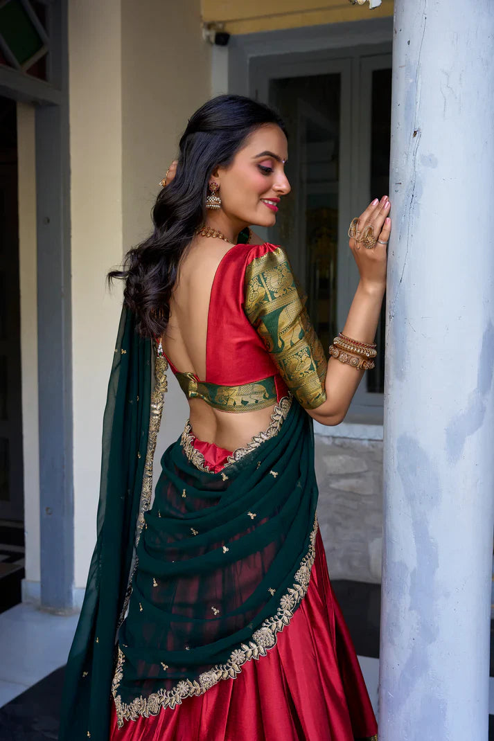 NARAYAN PATTU LEHENGA CHOLI WITH GEORGETTE EMBROIDERED DUPATTA(WD97)(03)