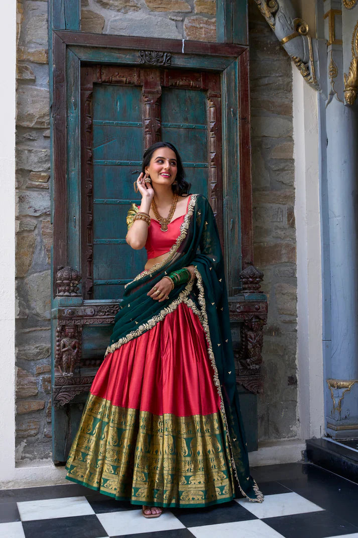 NARAYAN PATTU LEHENGA CHOLI WITH GEORGETTE EMBROIDERED DUPATTA(WD97)(03)