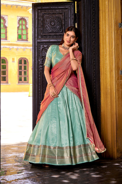 TILTON DUPION SILK ZARI WEAVING LEHENGA CHOLI WITH SHIMMER DUPATTA