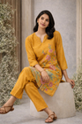 Mustard Yellow Floral & Peacock Printed Kurta Pant Set (SWDH25)