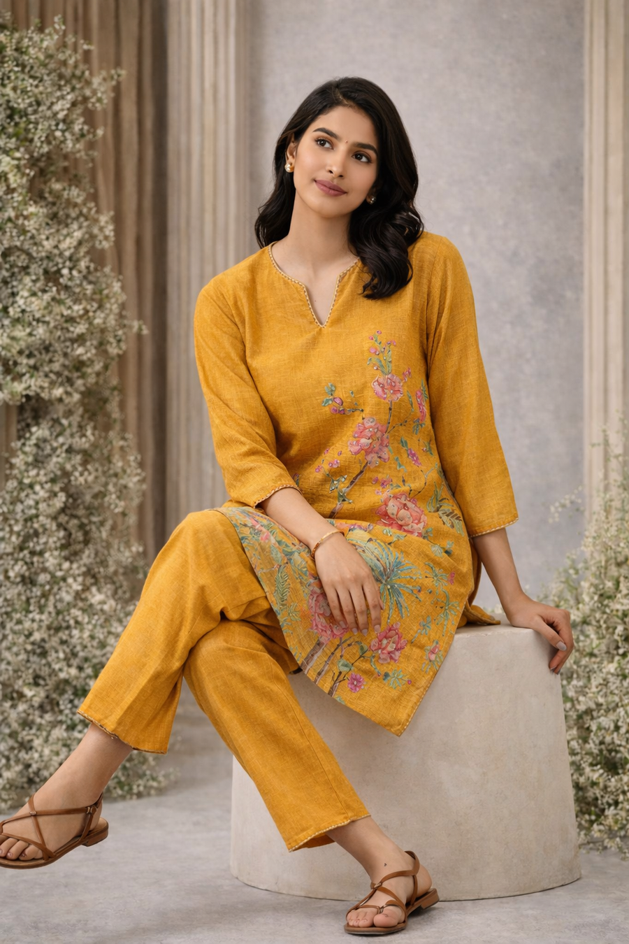 Mustard Yellow Floral & Peacock Printed Kurta Pant Set (SWDH25)