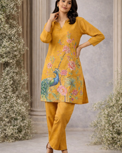 Mustard Yellow Floral & Peacock Printed Kurta Pant Set (SWDH25)