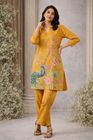 Mustard Yellow Floral & Peacock Printed Kurta Pant Set (SWDH25)
