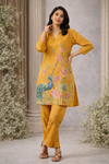 Mustard Yellow Floral & Peacock Printed Kurta Pant Set (SWDH25)