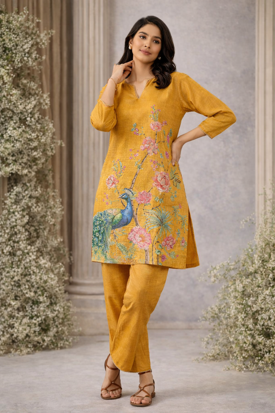 Mustard Yellow Floral & Peacock Printed Kurta Pant Set (SWDH25)