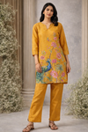 Mustard Yellow Floral & Peacock Printed Kurta Pant Set (SWDH25)