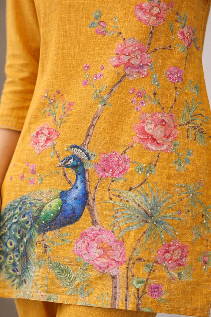 Mustard Yellow Floral & Peacock Printed Kurta Pant Set (SWDH25)