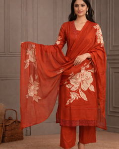 Rust Orange Floral Printed Kurta Palazzo Set with Dupatta (SWDH26)
