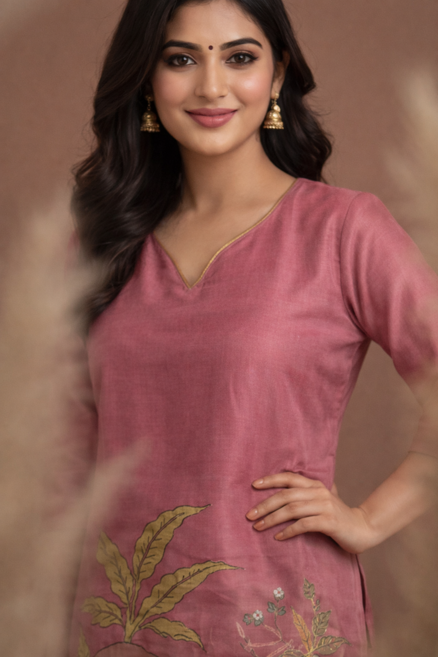 Rose Pink Elephant Motif Printed Kurta Pant Set (SWDH27)