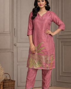 Rose Pink Elephant Motif Printed Kurta Pant Set (SWDH27)