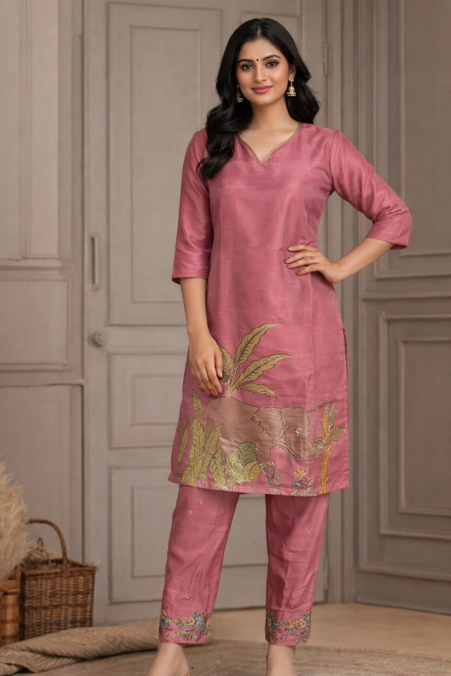 Rose Pink Elephant Motif Printed Kurta Pant Set (SWDH27)