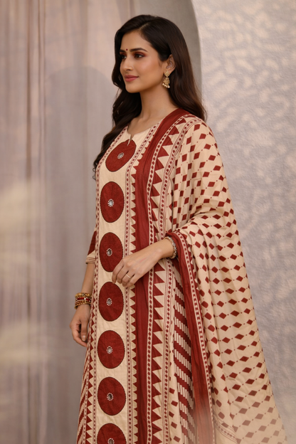 Beige & Maroon Ethnic Printed Kurta Palazzo Set with Dupatta (SWDH28)