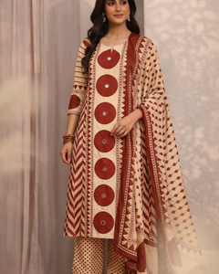 Beige & Maroon Ethnic Printed Kurta Palazzo Set with Dupatta (SWDH28)