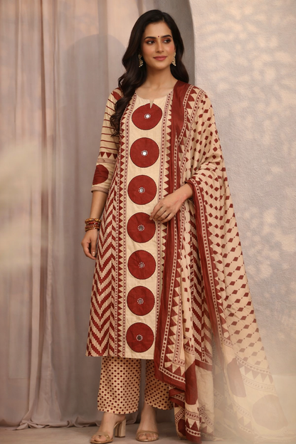 Beige & Maroon Ethnic Printed Kurta Palazzo Set with Dupatta (SWDH28)