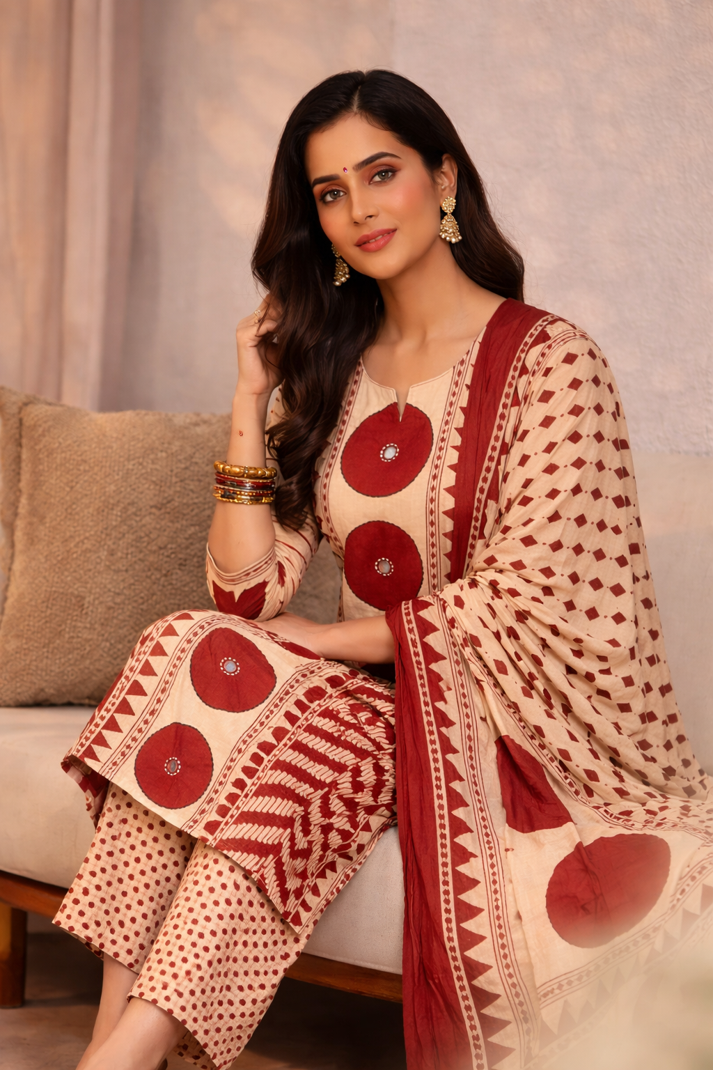 Beige & Maroon Ethnic Printed Kurta Palazzo Set with Dupatta (SWDH28)