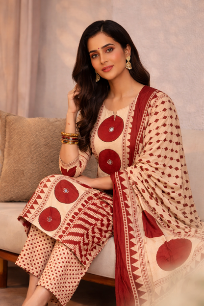 Beige & Maroon Ethnic Printed Kurta Palazzo Set with Dupatta (SWDH28)