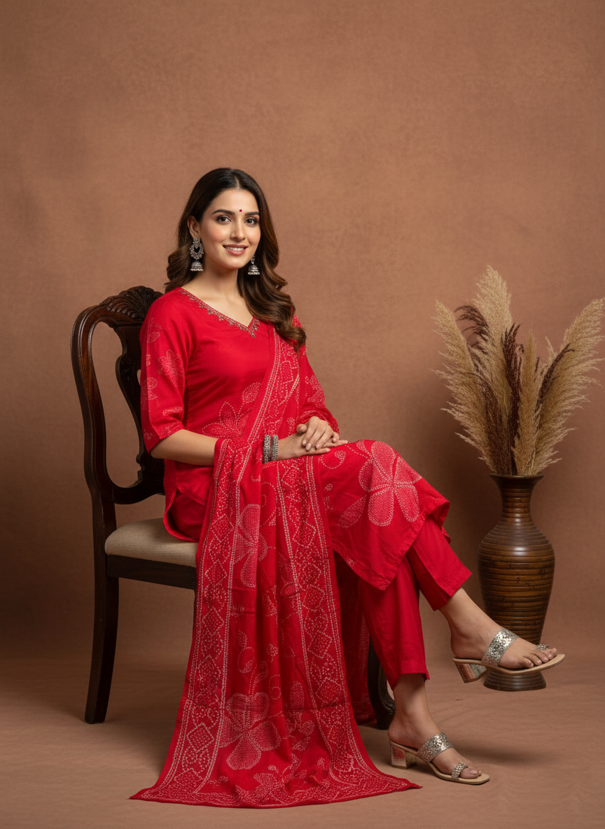 Elegant Red Printed Kurta Set with Dupatta for Women (SWDH09)