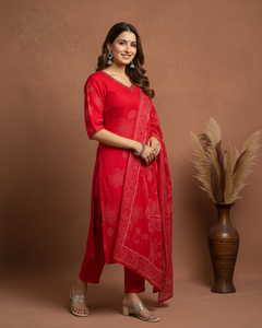 Elegant Red Printed Kurta Set with Dupatta for Women (SWDH09)