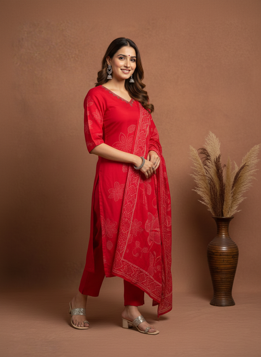 Elegant Red Printed Kurta Set with Dupatta for Women (SWDH09)