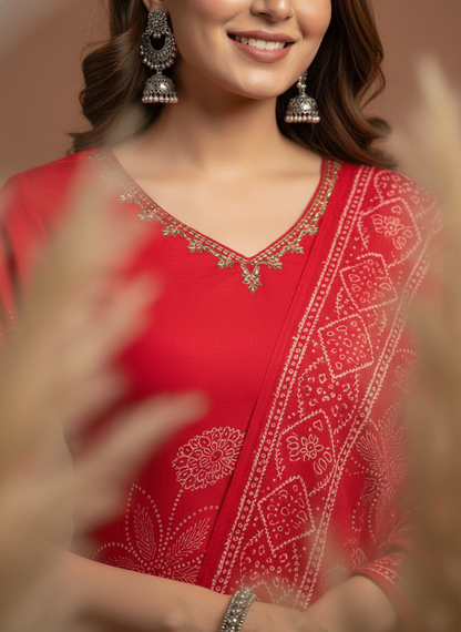 Elegant Red Printed Kurta Set with Dupatta for Women (SWDH09)