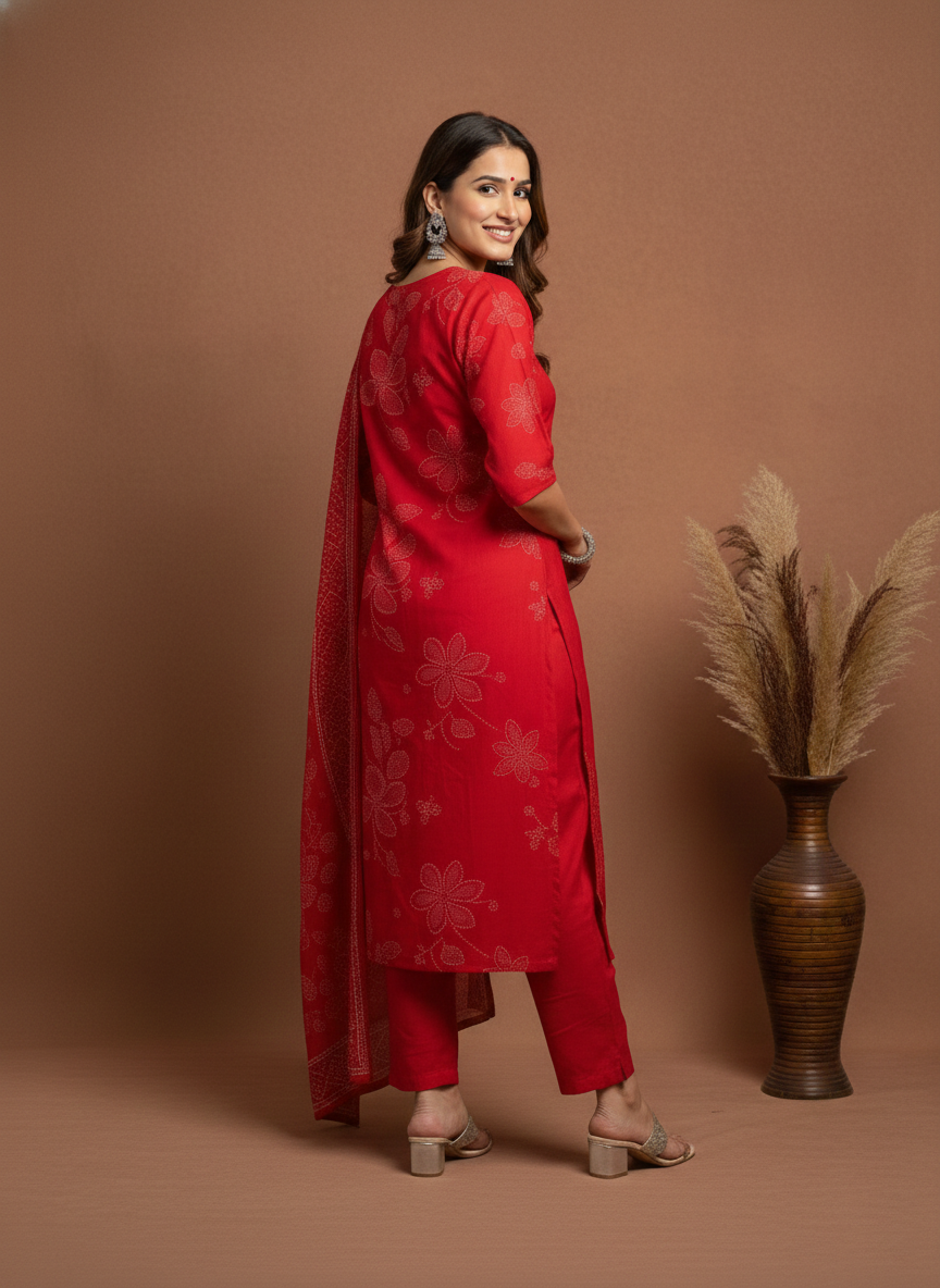 Elegant Red Printed Kurta Set with Dupatta for Women (SWDH09)
