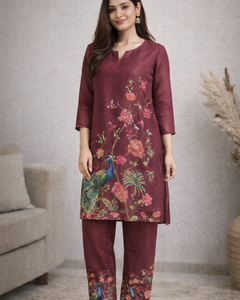 Maroon Floral Printed Kurta Set with Peacock Motif for Women (SWDH10)
