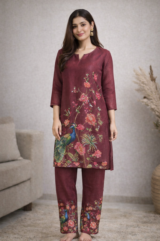 Maroon Floral Printed Kurta Set with Peacock Motif for Women (SWDH10)
