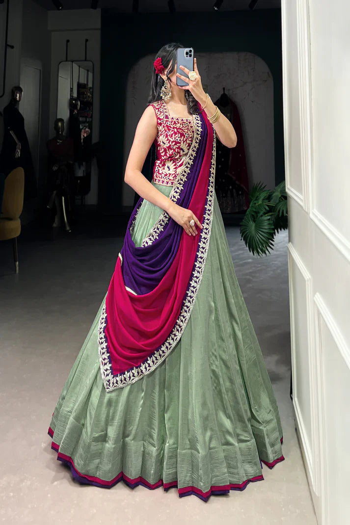 VICHITRA SILK THREAD EMBROIDRED LEHENGA CHOLI WITH DUPATTA(WD101)