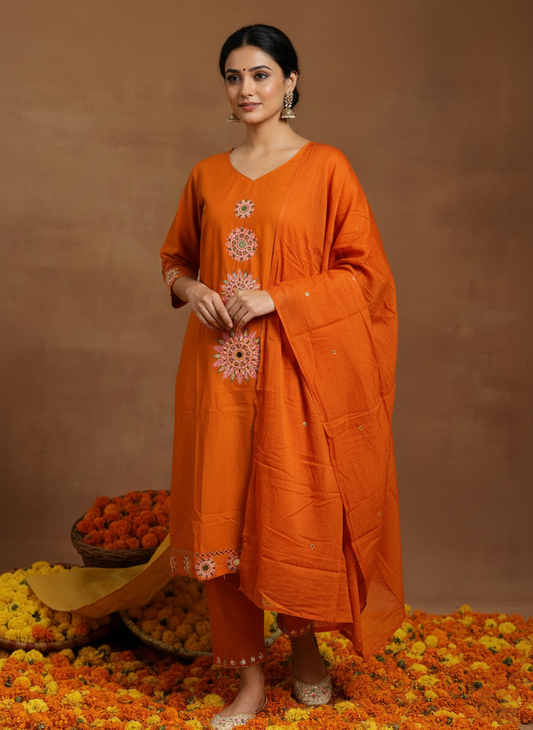 Orange Embroidered Kurta Set with Matching Dupatta for Women (SWDH12)