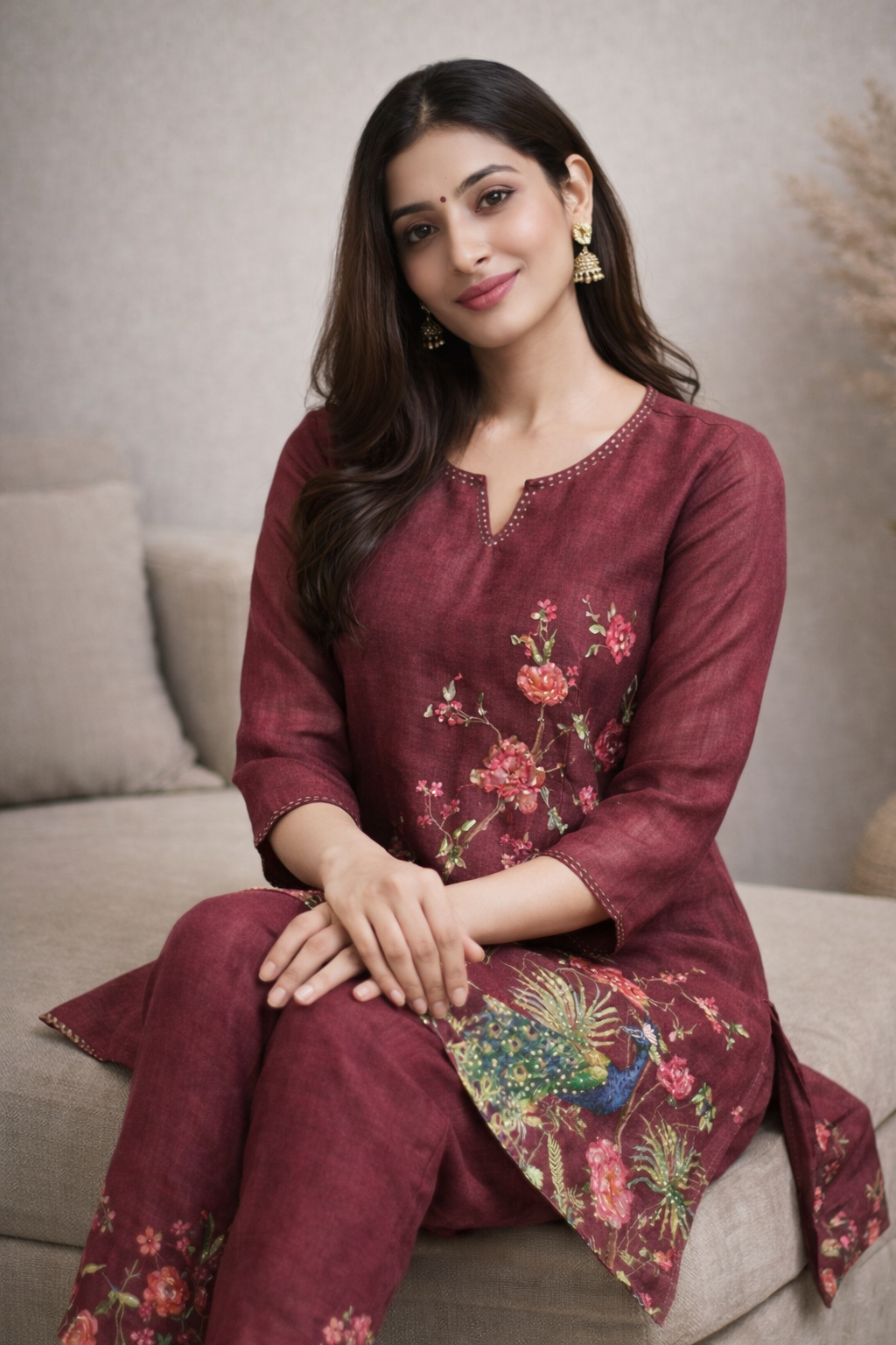 Maroon Floral Printed Kurta Set with Peacock Motif for Women (SWDH10)