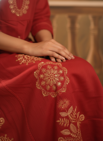 Red Embroidered Kurta Set with Matching Dupatta for Women (SWDH13)