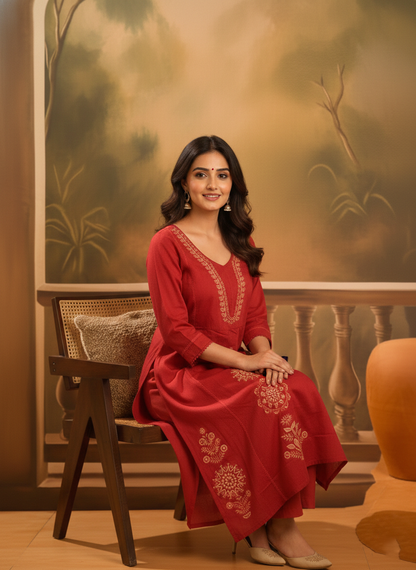 Red Embroidered Kurta Set with Matching Dupatta for Women (SWDH13)