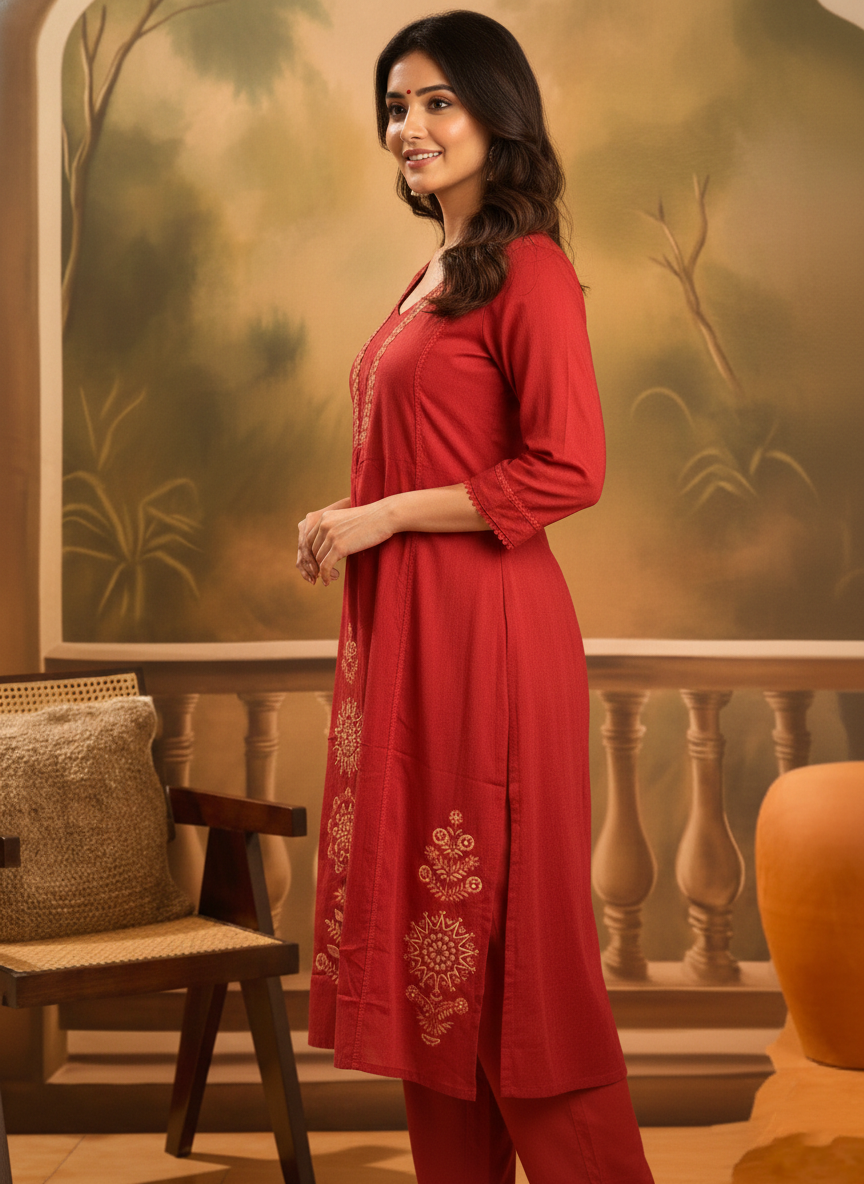 Red Embroidered Kurta Set with Matching Dupatta for Women (SWDH13)