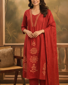 Red Embroidered Kurta Set with Matching Dupatta for Women (SWDH13)