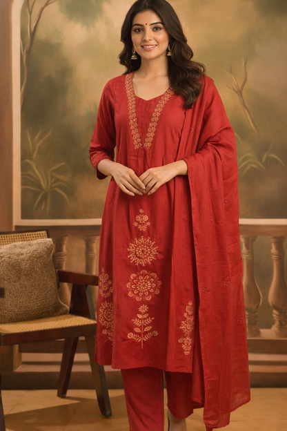 Red Embroidered Kurta Set with Matching Dupatta for Women (SWDH13)