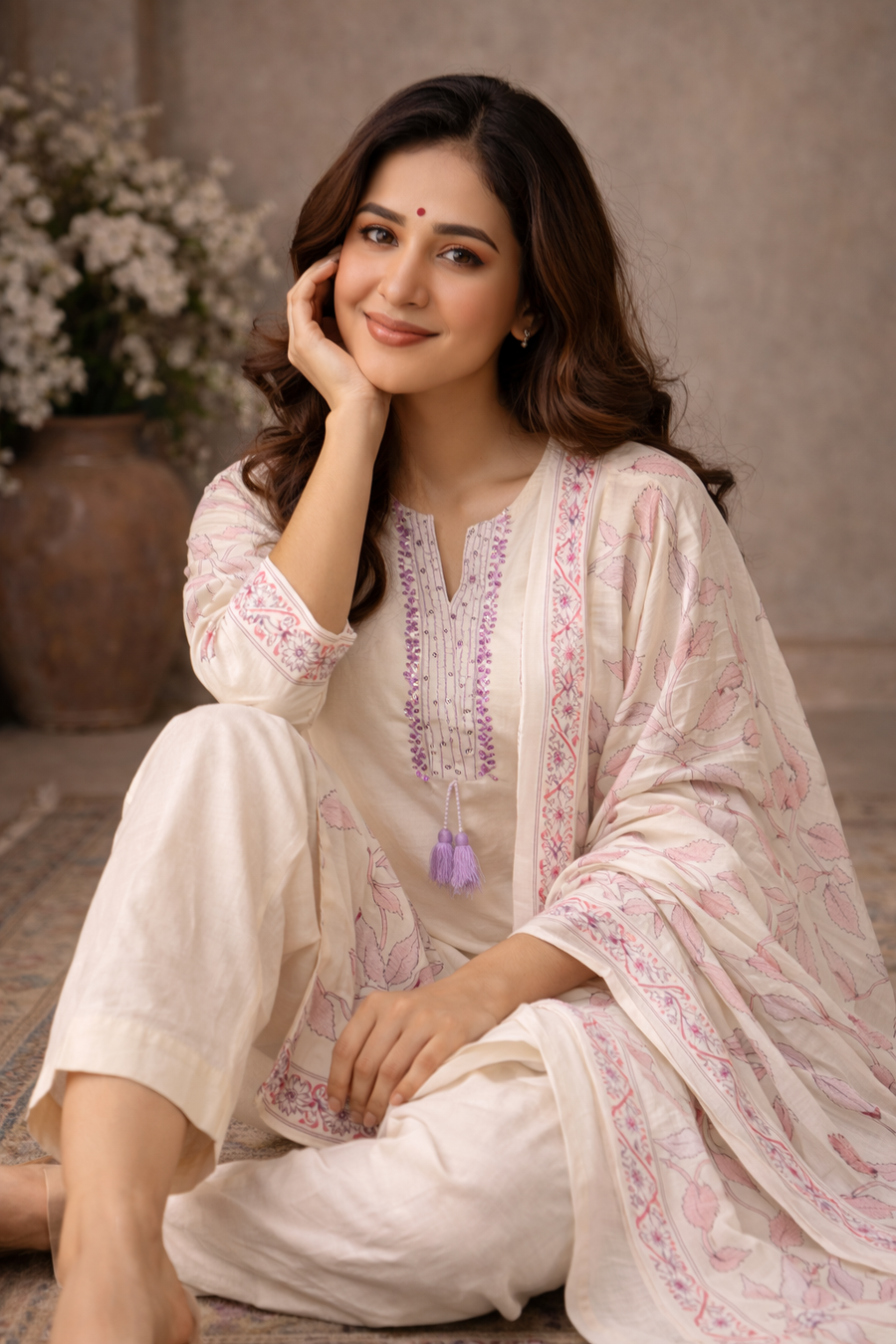 Ivory Floral Printed Kurta Set with Matching Dupatta for Women (SWDH14)