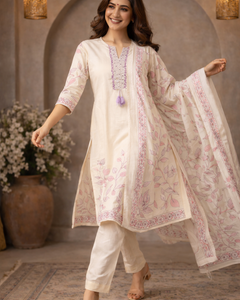 Ivory Floral Printed Kurta Set with Matching Dupatta for Women (SWDH14)