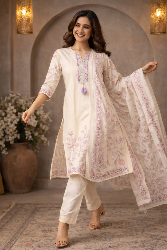 Ivory Floral Printed Kurta Set with Matching Dupatta for Women (SWDH14)