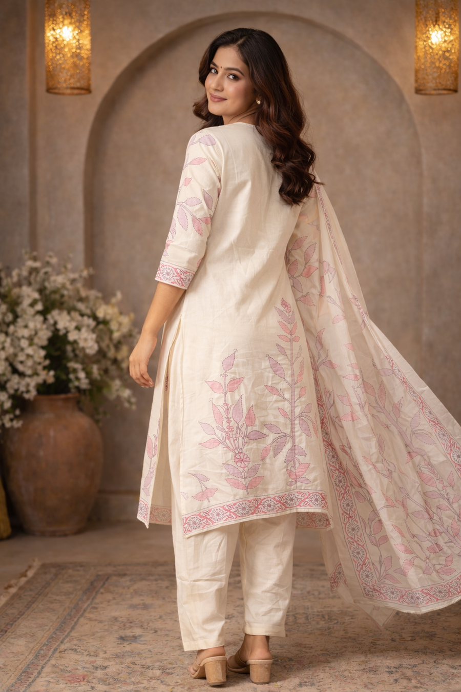 Ivory Floral Printed Kurta Set with Matching Dupatta for Women (SWDH14)
