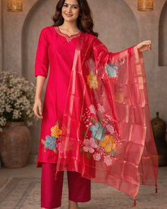 Pink Floral Printed Kurta Set with Organza Dupatta for Women (SWDH15)