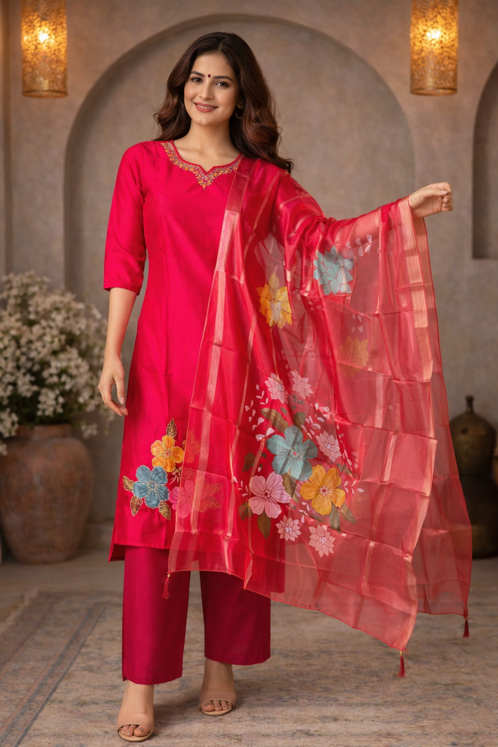 Pink Floral Printed Kurta Set with Organza Dupatta for Women (SWDH15)