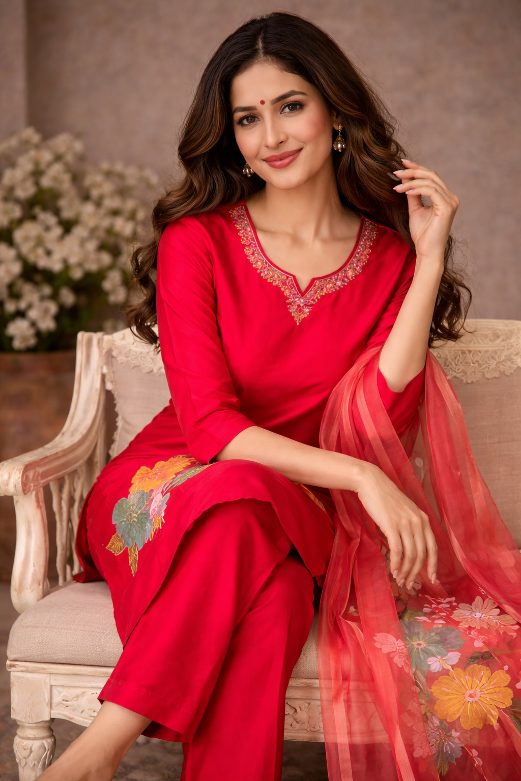 Pink Floral Printed Kurta Set with Organza Dupatta for Women (SWDH15)