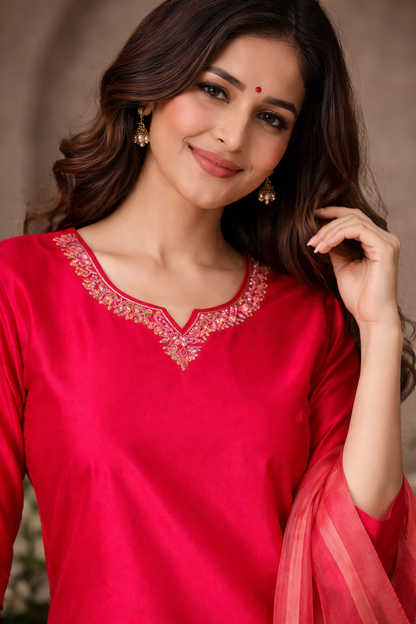 Pink Floral Printed Kurta Set with Organza Dupatta for Women (SWDH15)