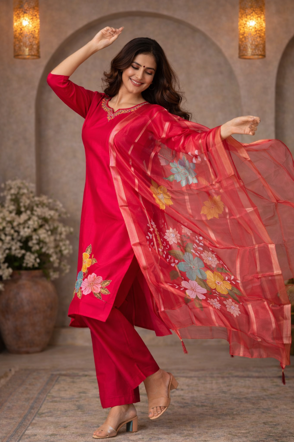 Pink Floral Printed Kurta Set with Organza Dupatta for Women (SWDH15)