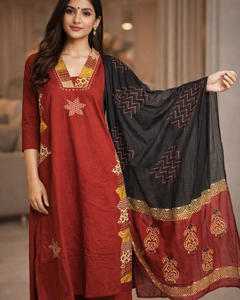 Rust Red Printed Kurta Set with Black Dupatta for Women (SWDH11)